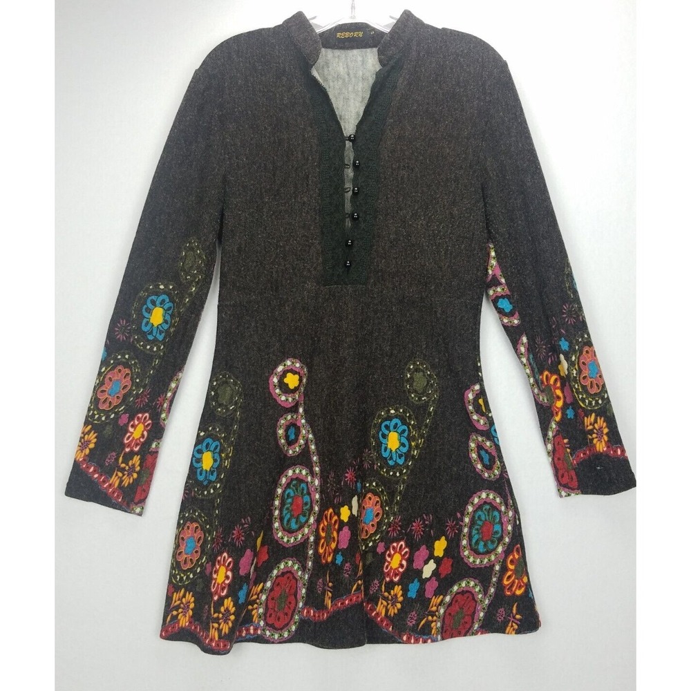 Reborn‎ Dress Womens SZ S Brown Base Colorful Flowers Stand Up Collar